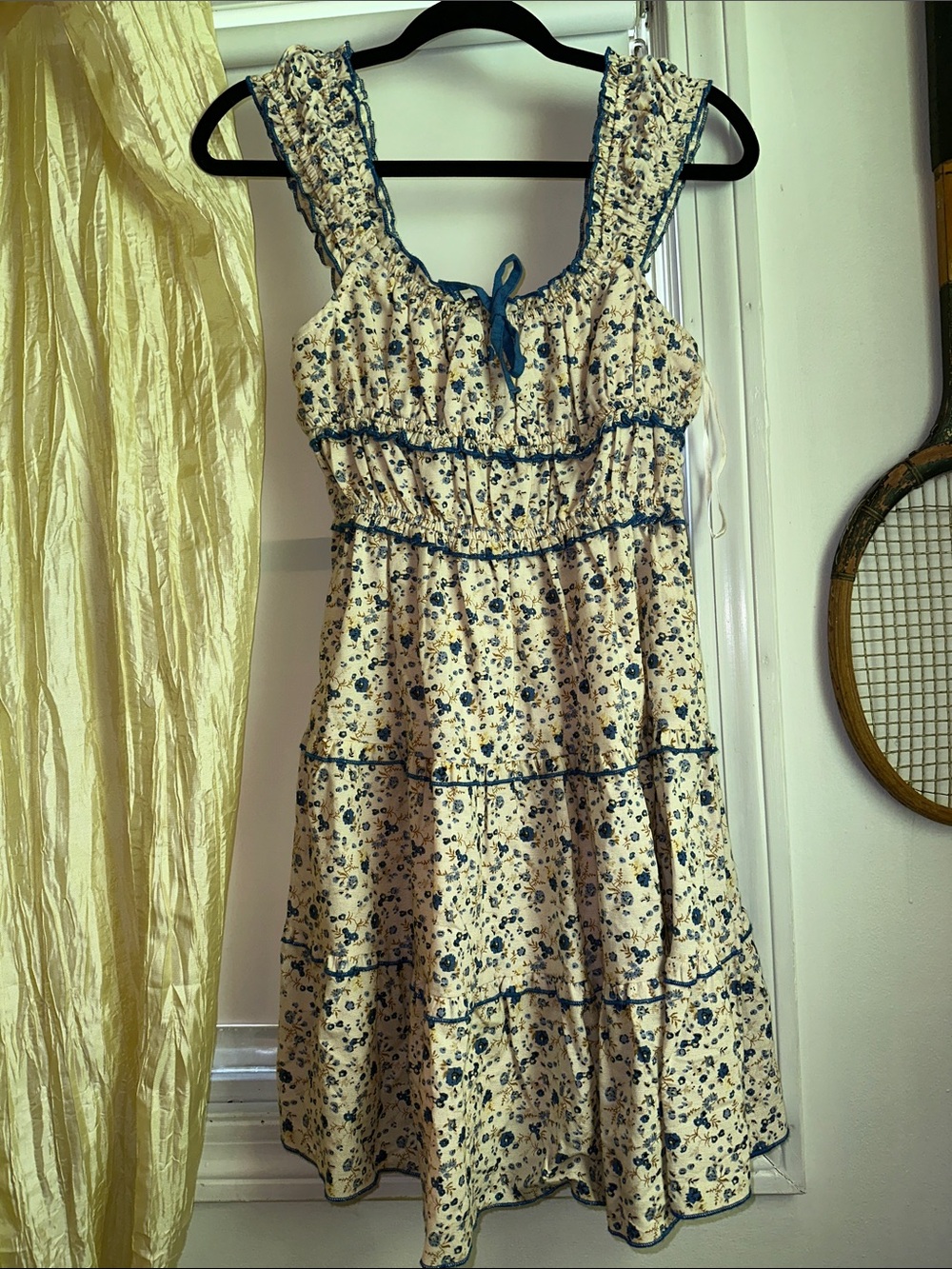 Japna Cream Mini Dress with Blue Floral Trim